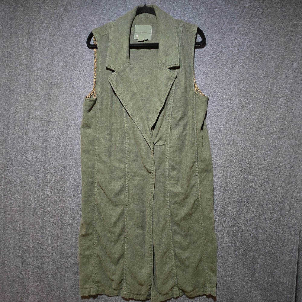 Anthropologie Olive Green Linen Blend Longline Sleeveless Vest Sz Medium